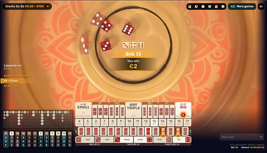 Gravity Sic Bo from Beter Live gameplay